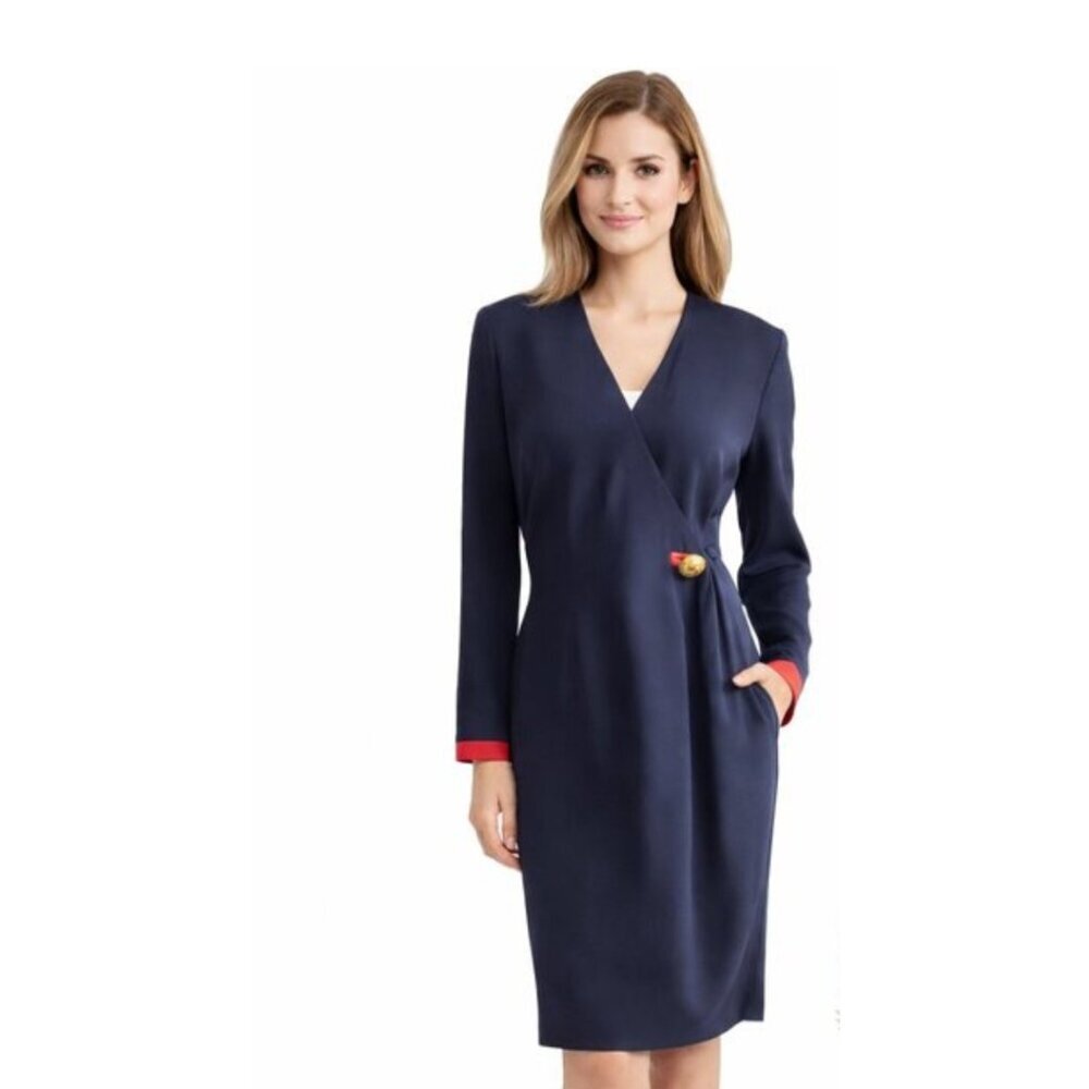 GILLIAN 100% Silk Navy Blue w/red trim wrap around Dress - 8